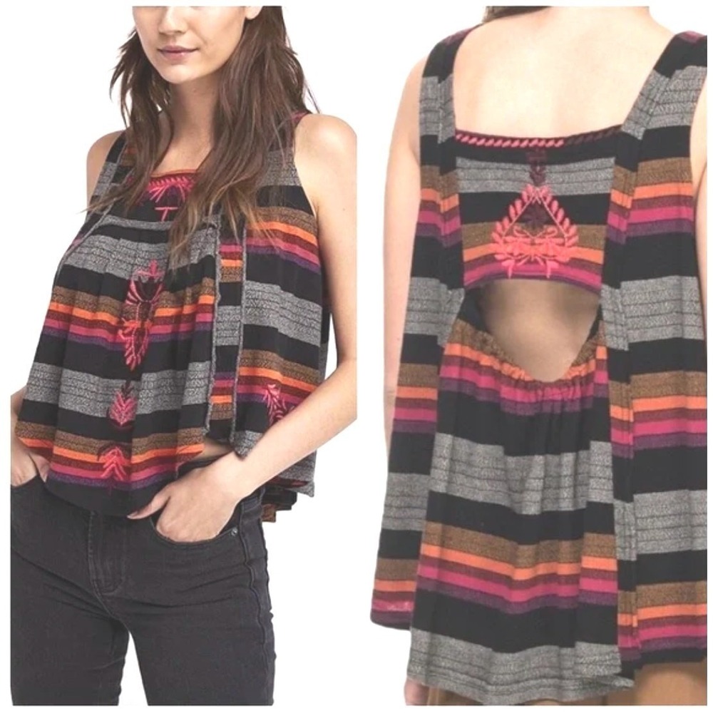 Free People Embroidered Tank Top‎ Open Back Striped Festival Boho Womens S